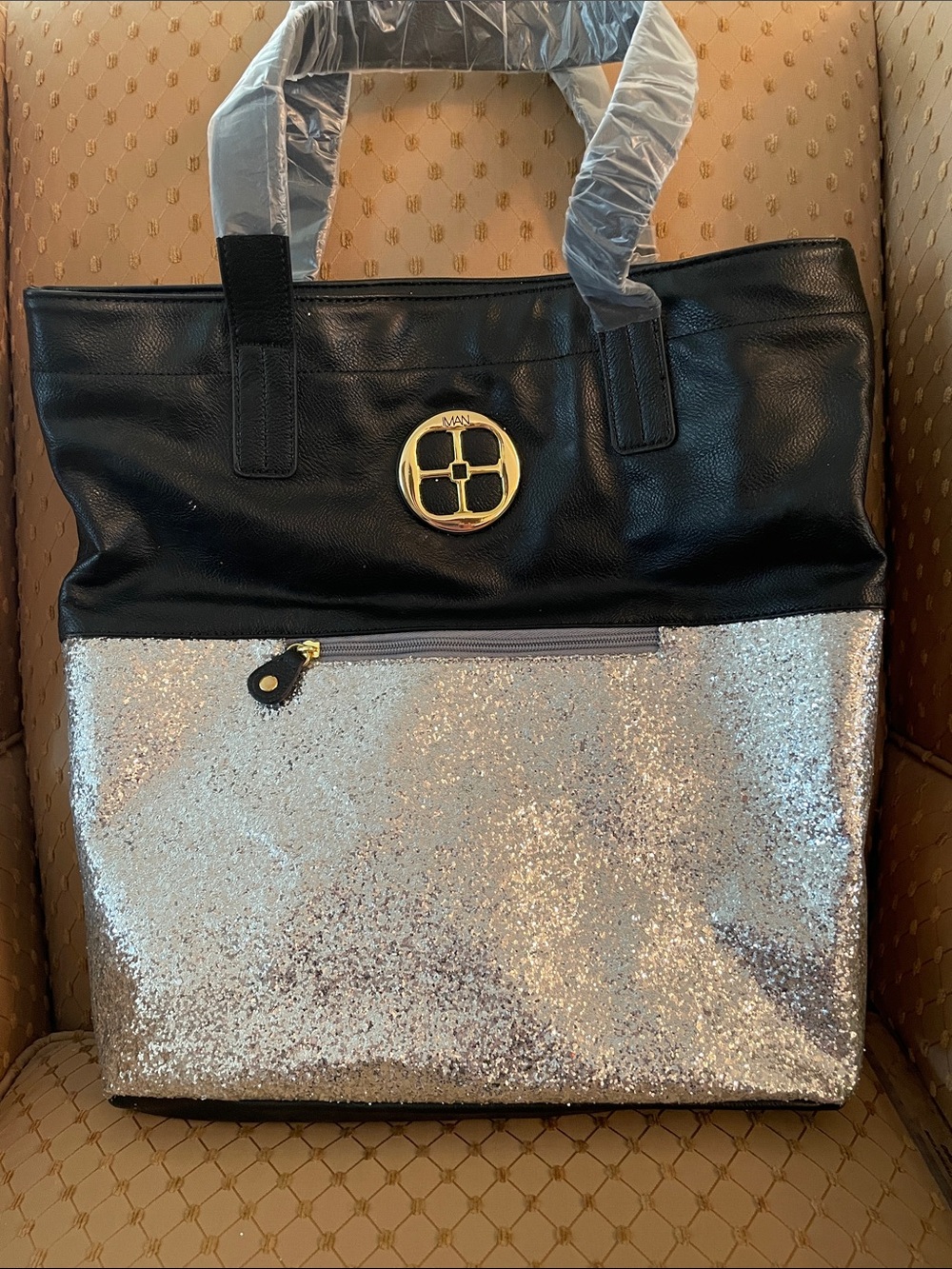 IMAN Black and Silver Glitter Tote